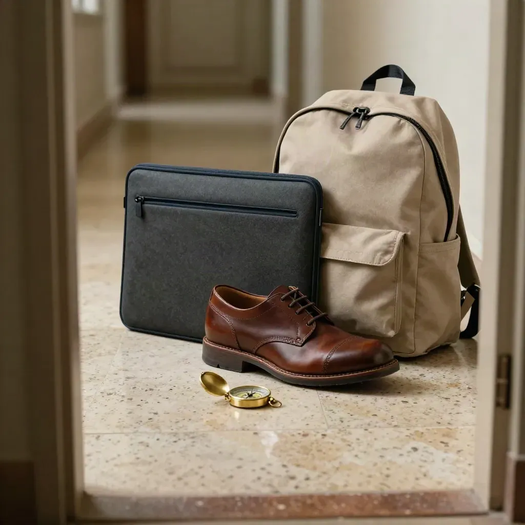 Reiszak, laptopsleeve, nette schoen en kompas in een stille travertijnen hal.