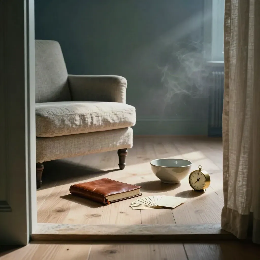 Serene coachingstudio met fauteuil, journal, kaarten en messing timer in mistig ochtendlicht.