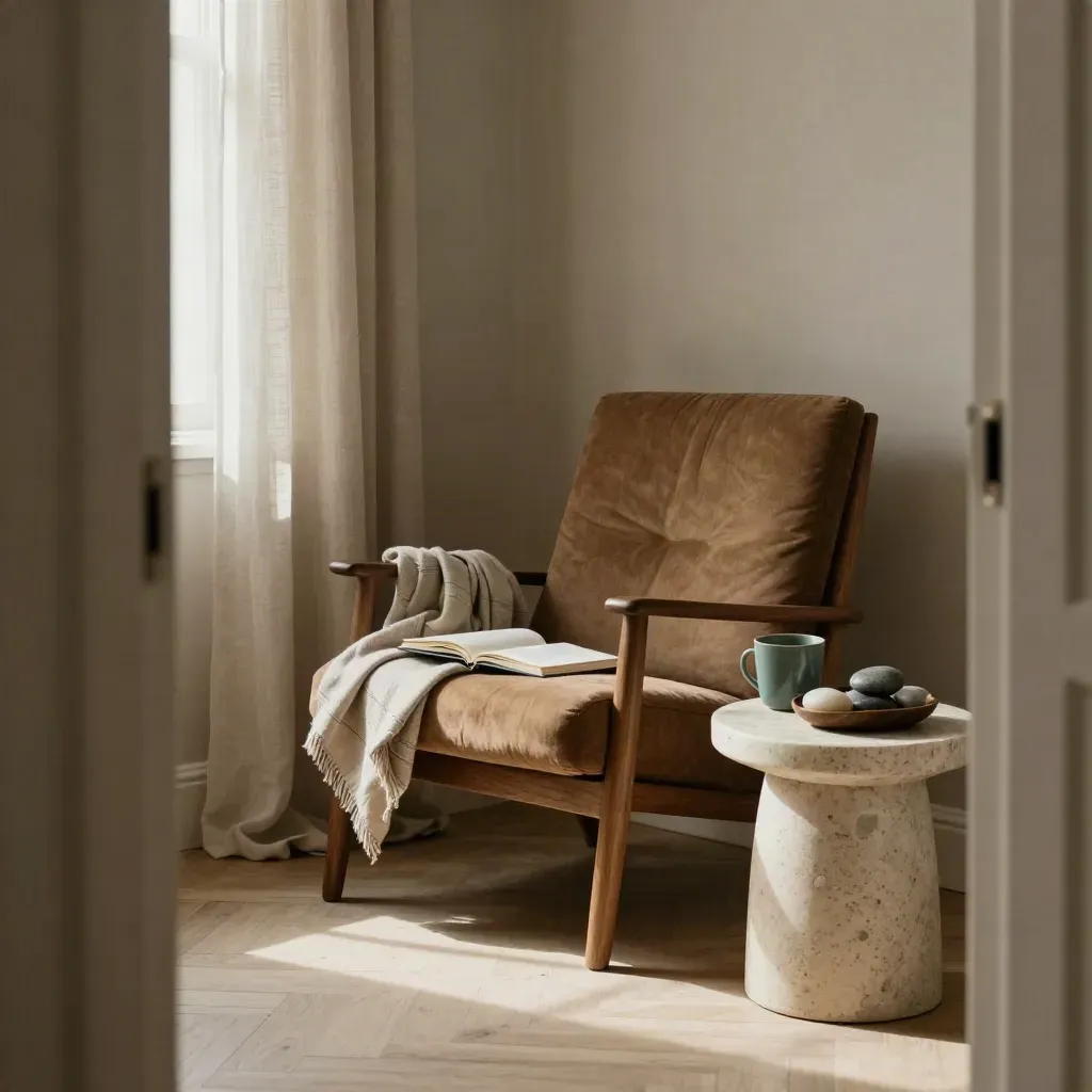 Rustige coachinghoek in een Amsterdams appartement met fauteuil, plaid, mok en focusstenen.