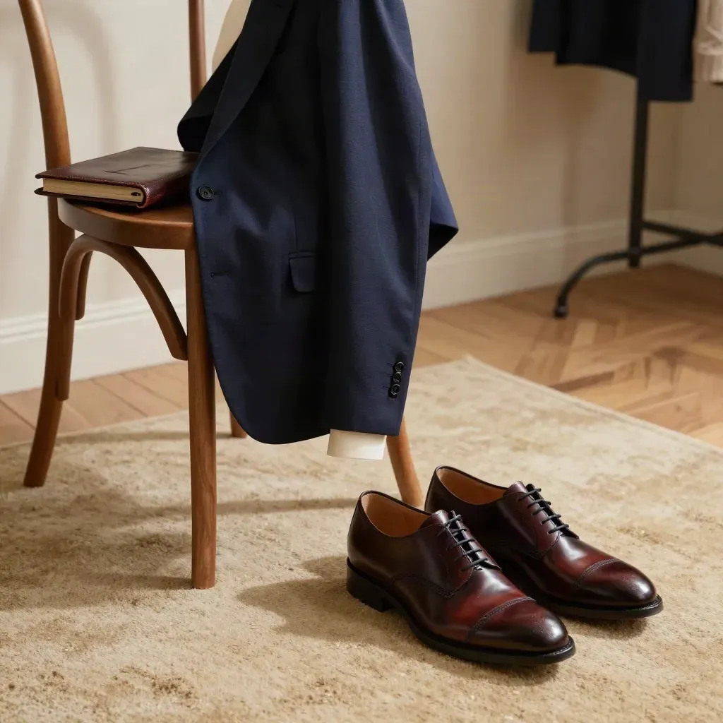 Blazer, gesloten portfolio en gepoetste schoenen klaar voor een gesprek