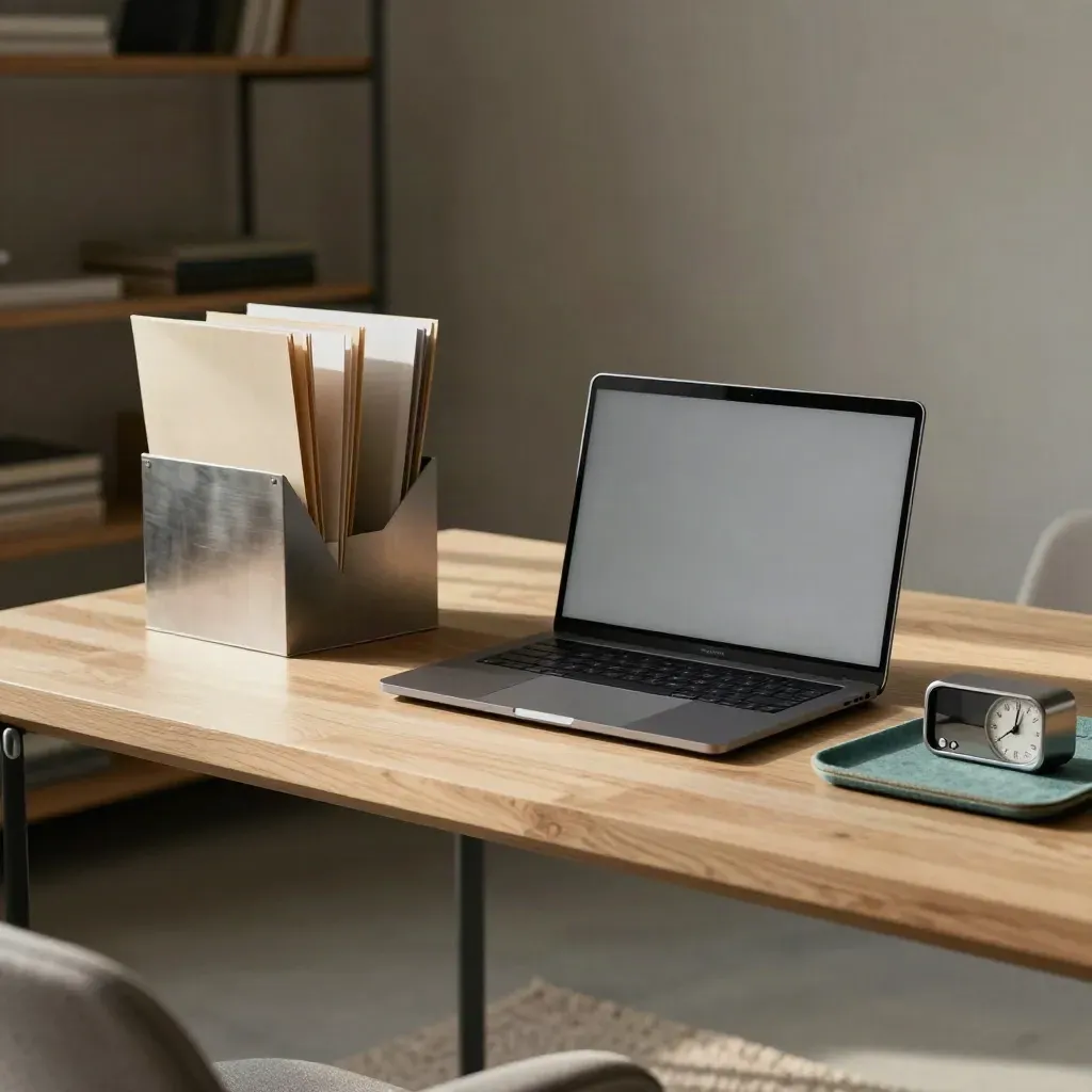 Lege freelancerstudio met gesloten laptop, mappen en timer in warm middaglicht.