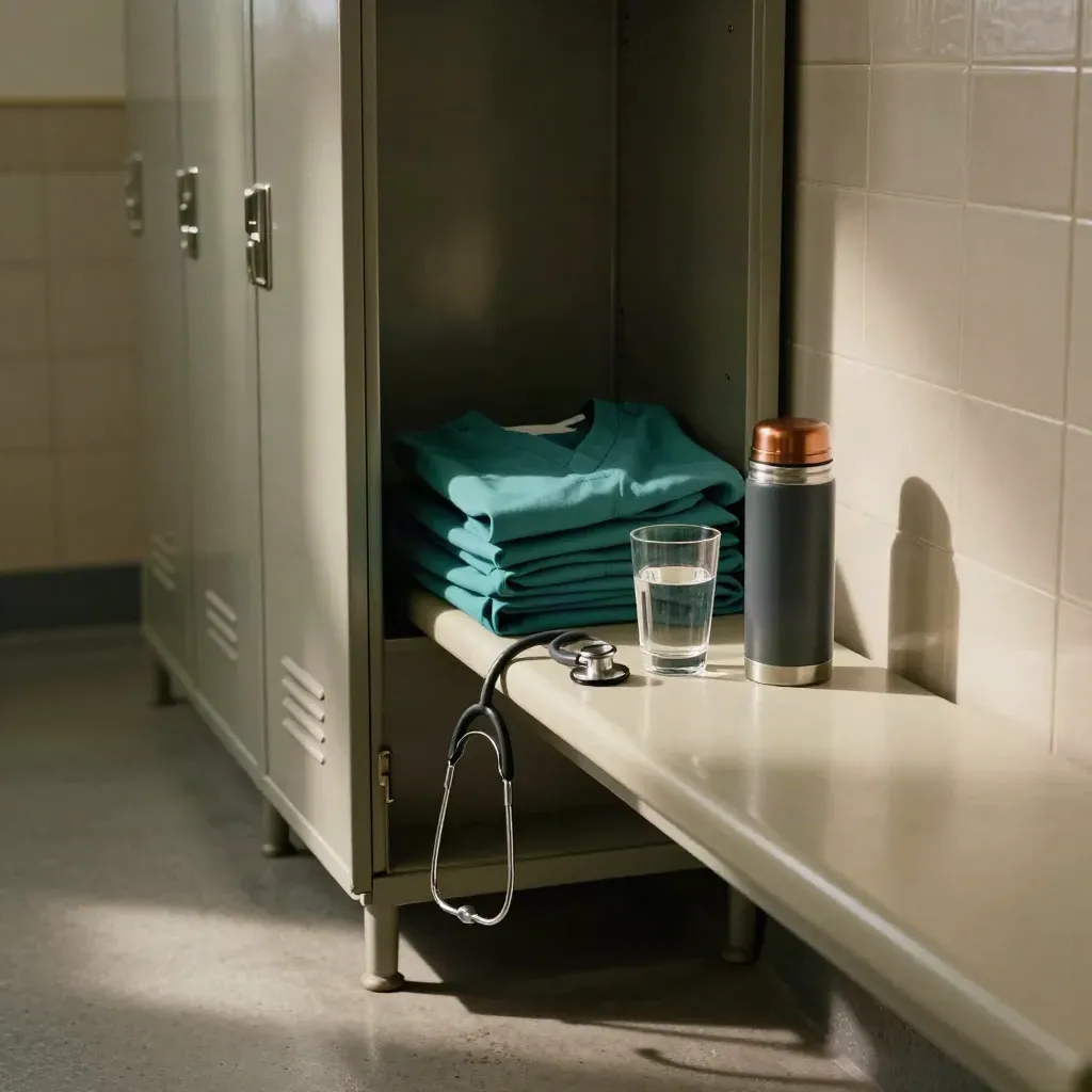 Open zorglocker met scrubs, stethoscoop, waterglas en thermosmok in zacht goud licht.