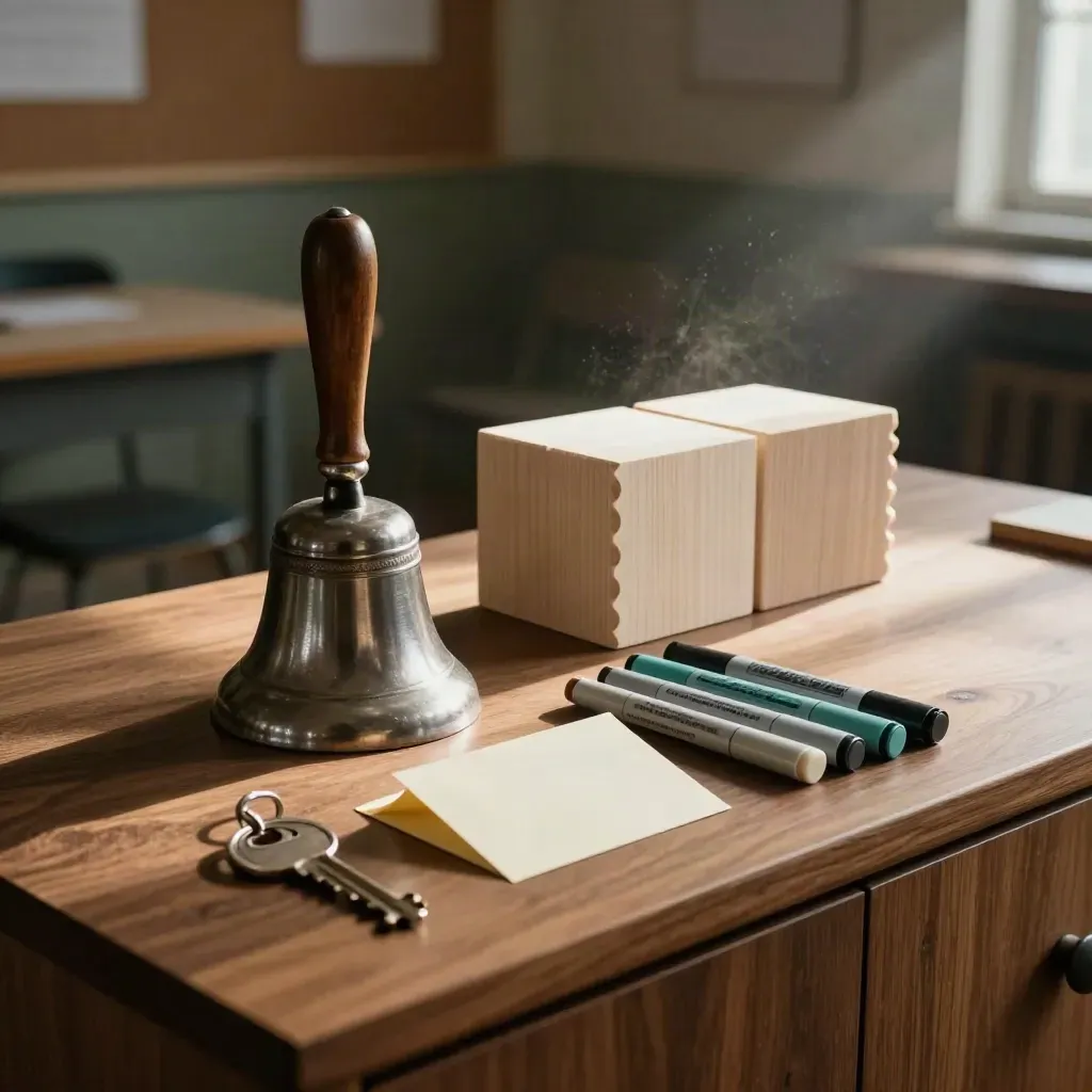 Workshopset met bel, houten blokjes en markers op een warme houten sideboard.