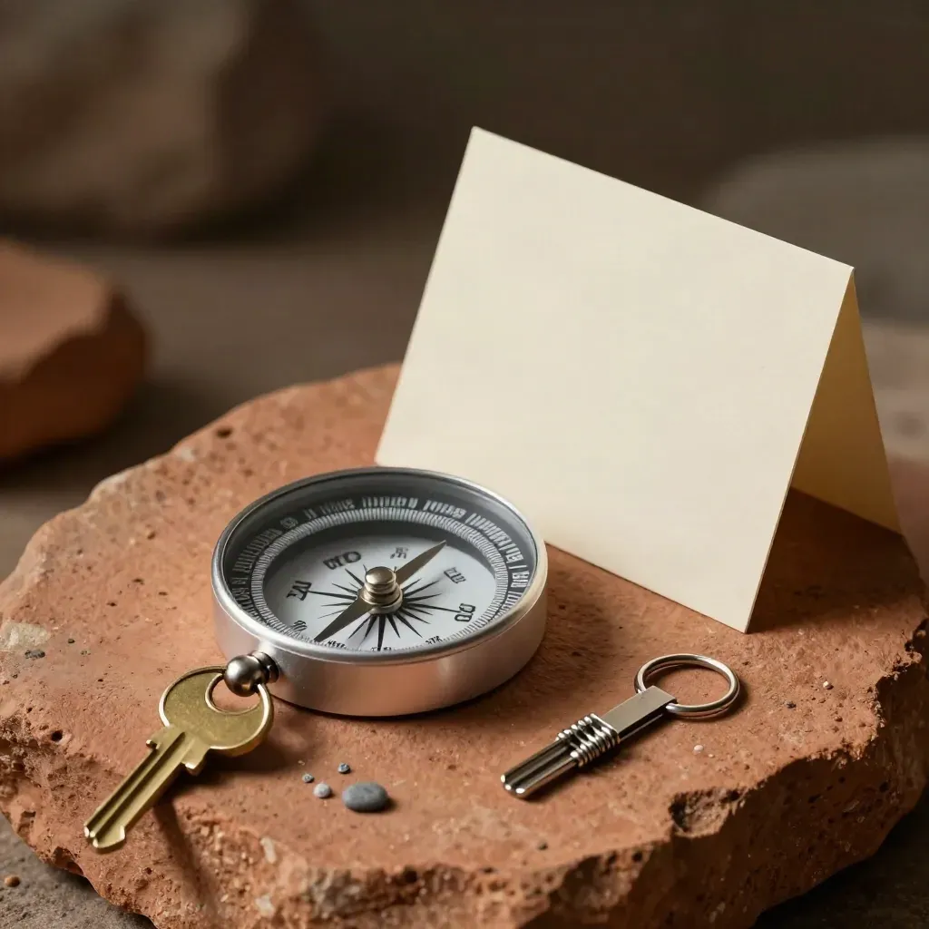 Trajectkit met routekompas, sleutels, pebble markers en mapclip op steen in zacht licht.