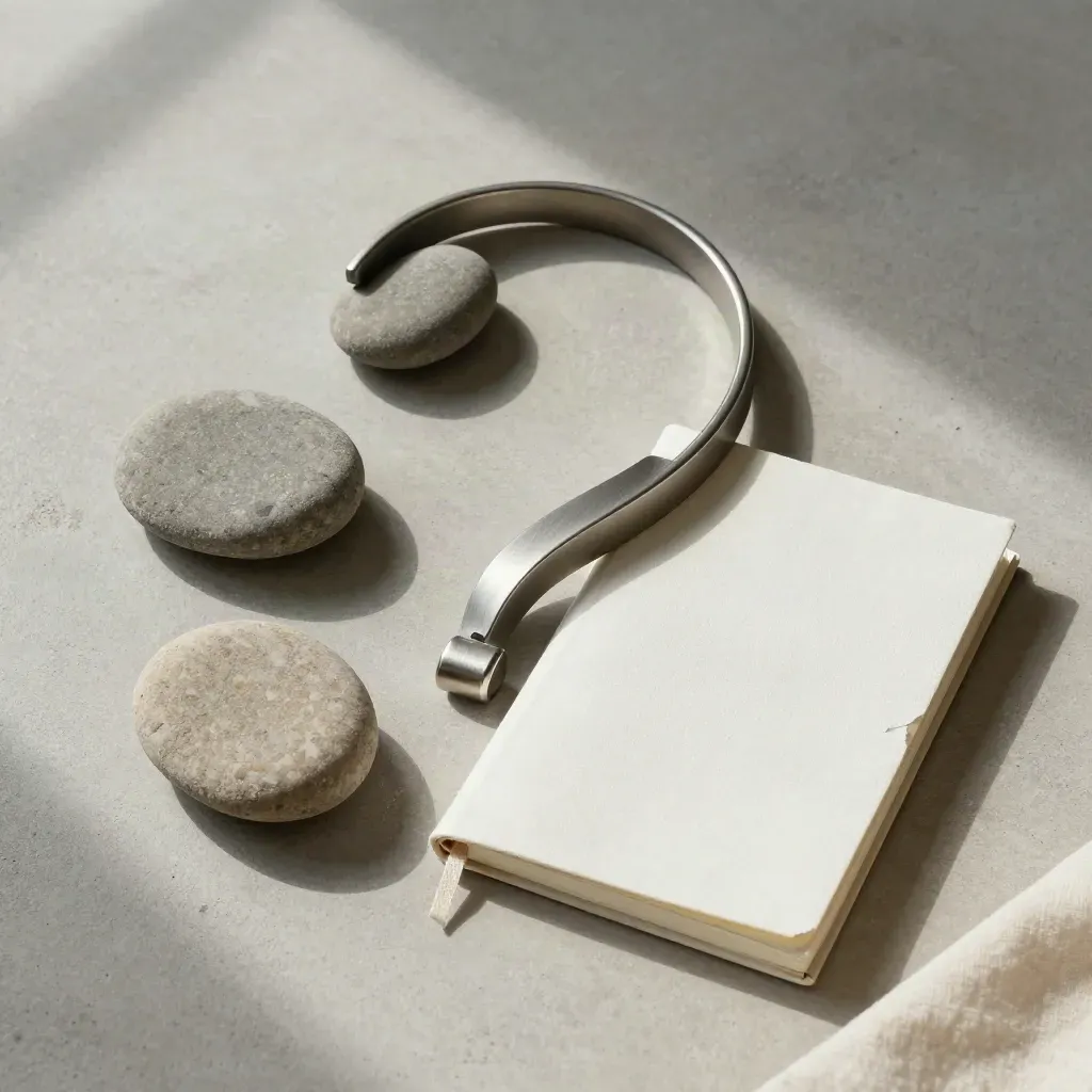 Bovenaanzicht van twee stenen, een open ringstandaard en een gesloten notebook op licht beton.