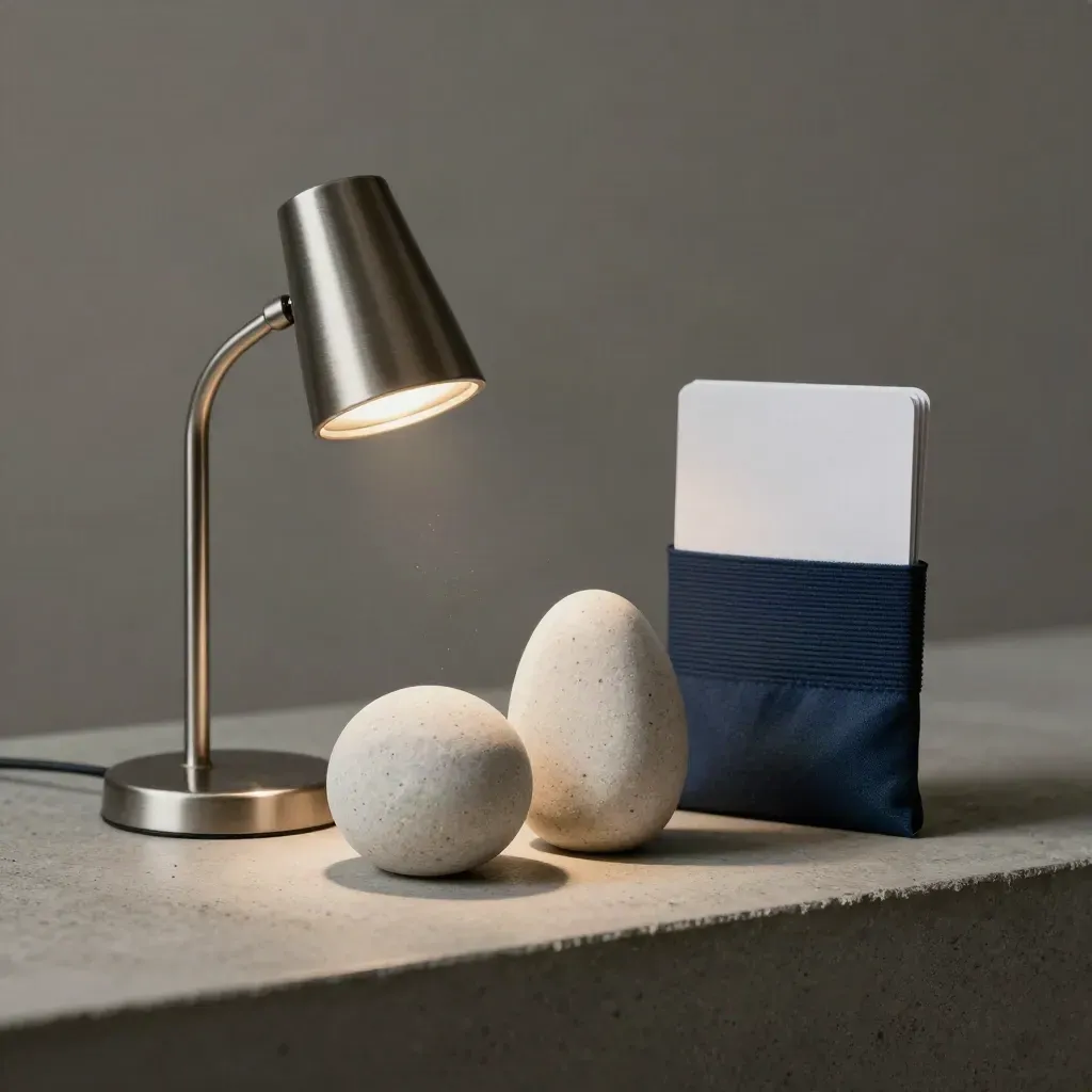 Lage stilleven van lamp, stenen tokens en elastische band op betonnen plank.