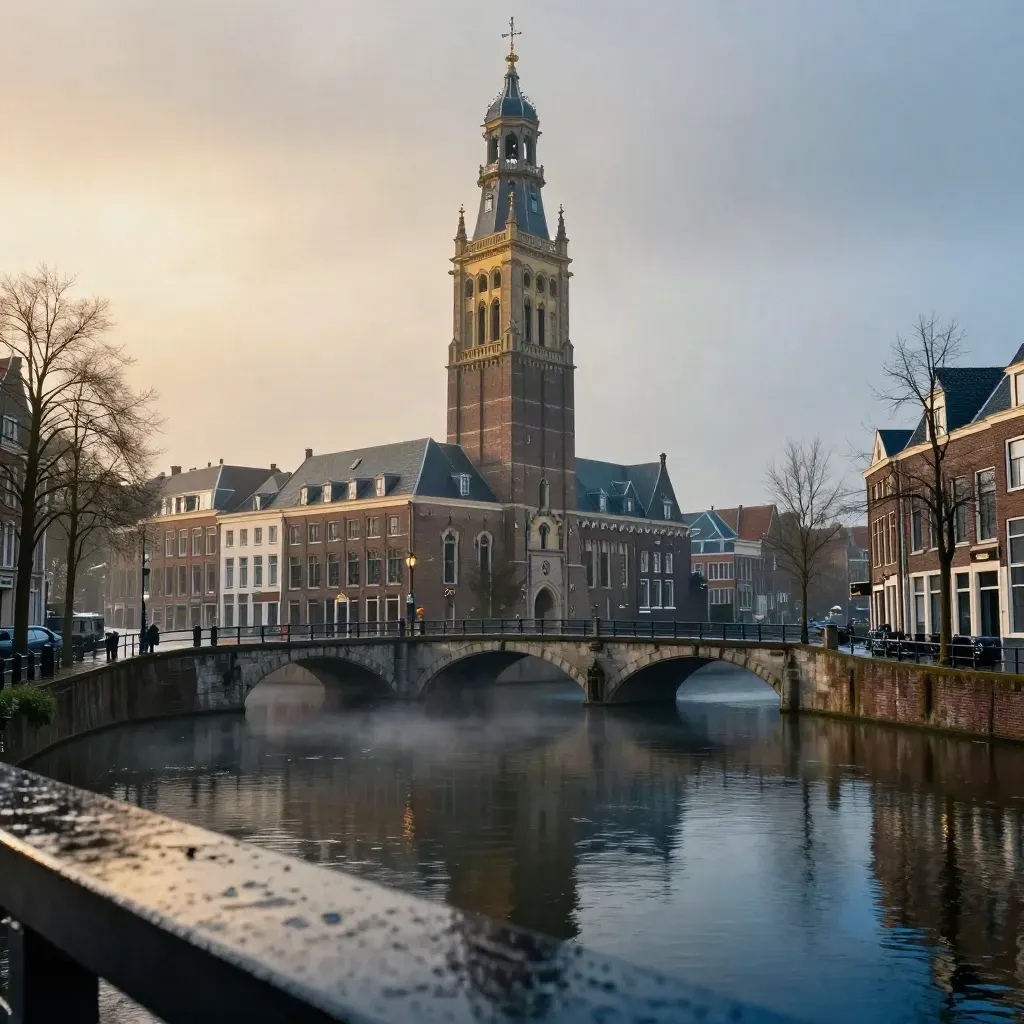 Utrecht met de Domtoren boven natte grachten, bruggen en spiegelend water in warme avondlucht.