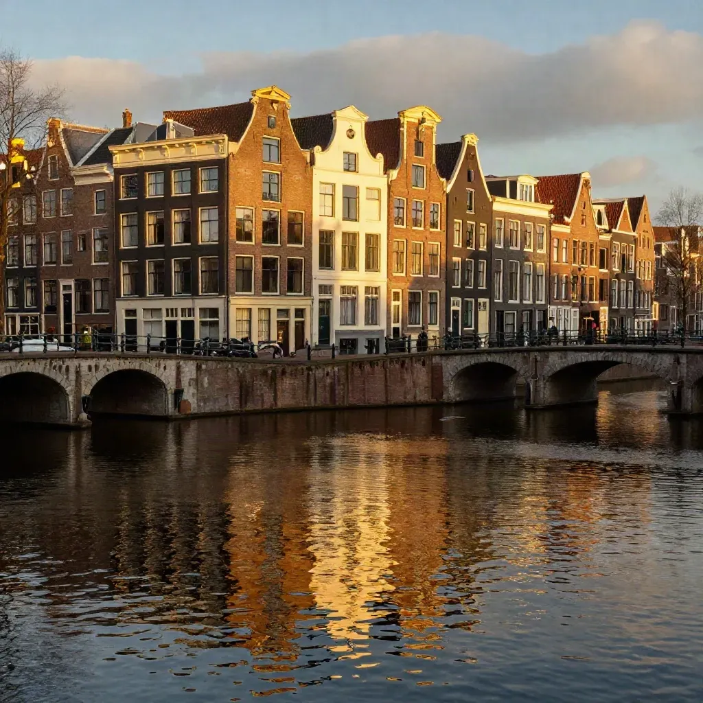 Amsterdamse grachten in gouden avondlicht met spiegelend water en smalle gevels.