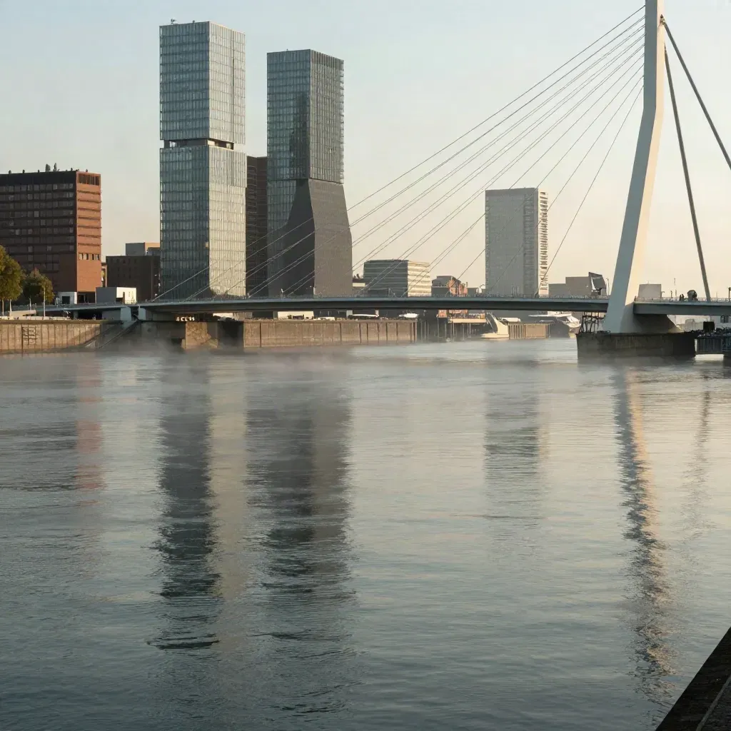 Rotterdam skyline met de Erasmusbrug boven de Maas in zacht namiddaglicht en riviermist.
