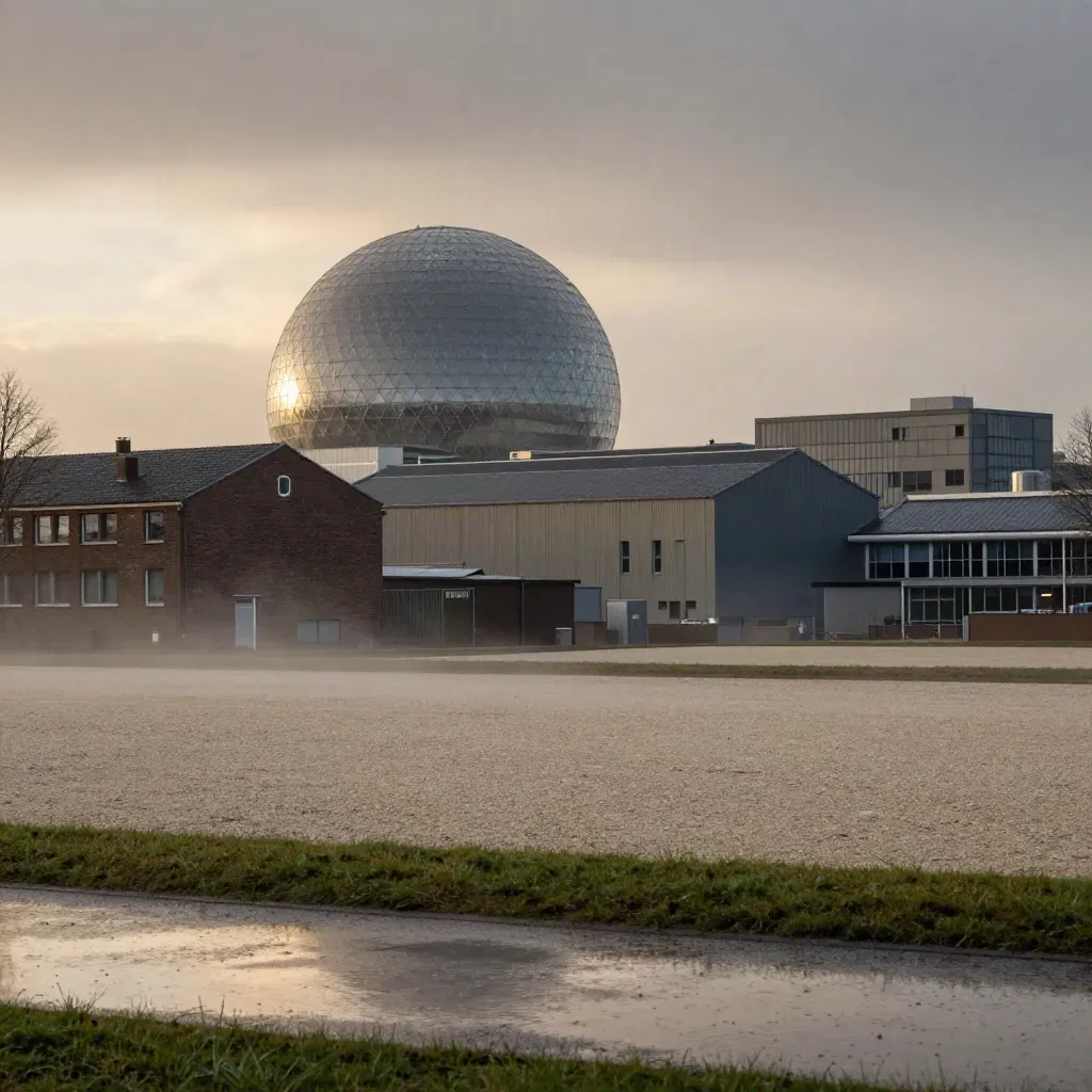 Evoluondome in Eindhoven boven natte Strijp-S daken met mistige open voorgrond bij schemer.